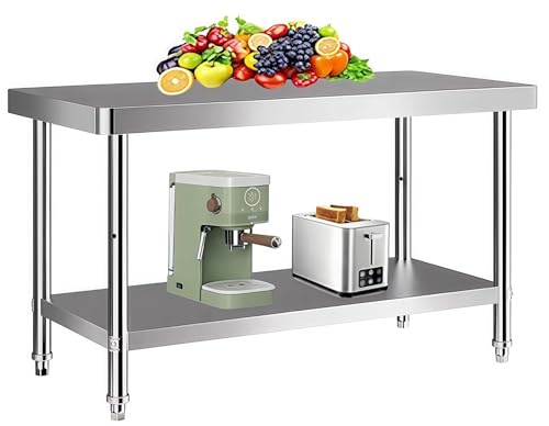 TUIYIDUO ステンレス 作業台 業務用 調理台 天板 120×60cm 厨房作業台 丸角デザイン ぶつかり防止 2段 ステンレステーブル キッチン置き棚 足調整可能 キッチン 飲食店 家庭用 日本語取扱説明書付き（シルバー，120x60x80.5cm）